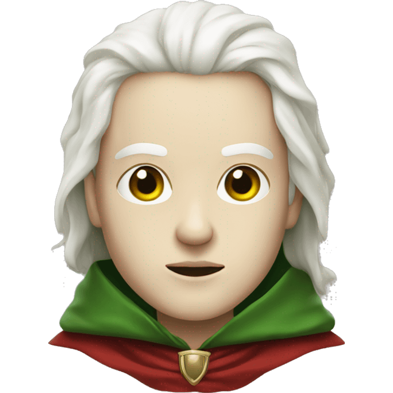 Human with pale white skin slits for nostrils red eyes green cloak emoji