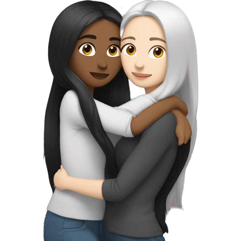 A lesbian couple with white skin and long black hair hugging intimately, not looking at the camera. emoji