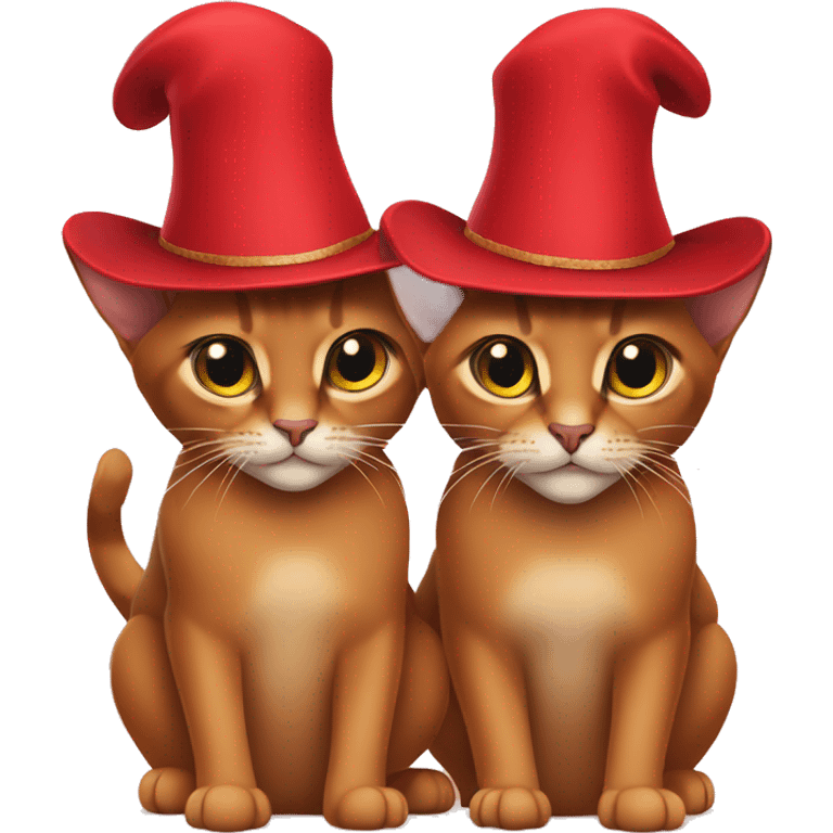 Two Abyssinian cats in big red hats emoji