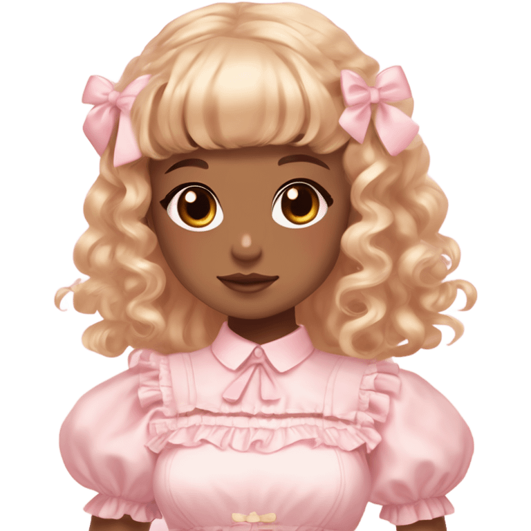 caramel skin girl , who has curly medium length blonde and baby pink swirled hair with bangs , light brown eyes , and doll like makeup , in a light pink lolita hime gyaru dress emoji