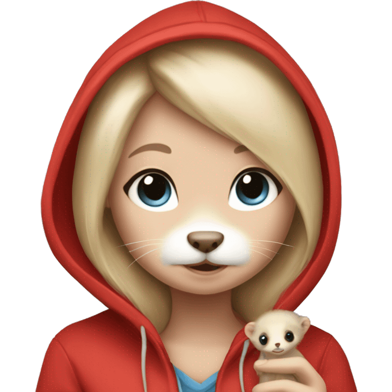 Ferret in hands of a blond girl with blue eyes and kind eyelashes in red hoodie  emoji