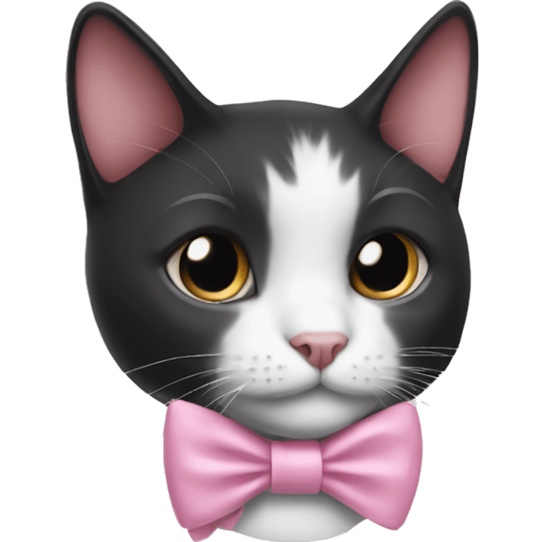 Black and white cat wearing a soft pink bow emoji