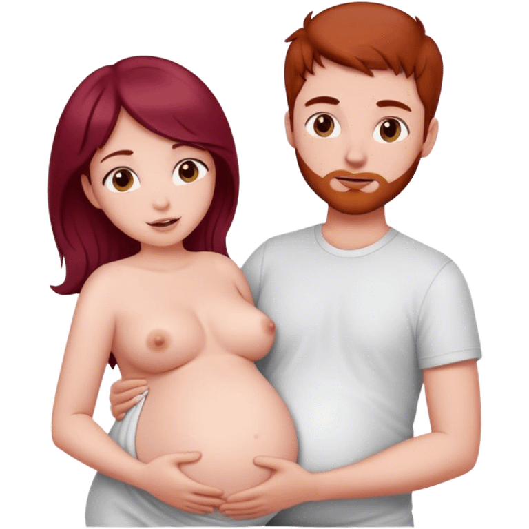 Beautiful burgundy haired pregnant girl with boyfriend holding stomach emoji