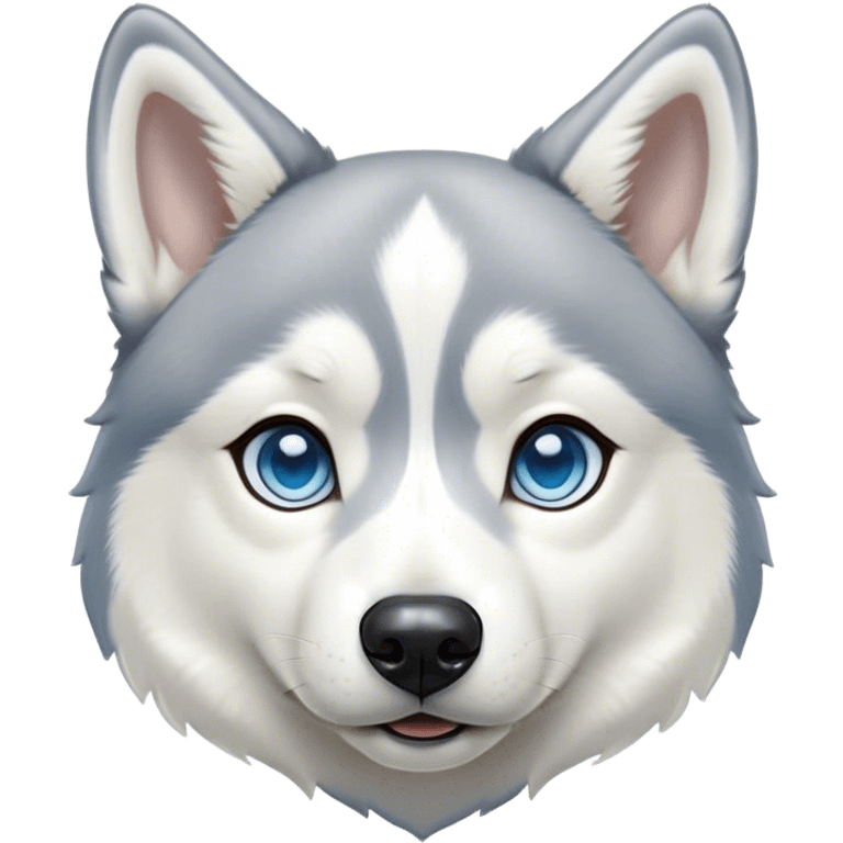 Cinematic Cute Siberian Husky Portrait Emoji, Head tilted playfully and inquisitively, featuring a lush grey and white coat with striking accents, round, sparkling icy blue eyes filled with curiosity, Simplified yet irresistibly adorable features, highly detailed, glowing with a crisp, friendly glow, high shine, affectionate and lively, stylized with a touch of whimsy, bright and endearing, soft glowing outline, capturing the essence of a mischievous yet loving pup, so playful it feels like it could dash out of the screen and into your arms! emoji