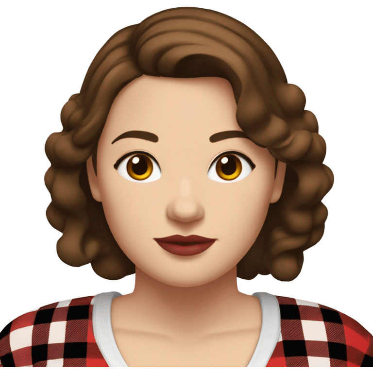 Plus size woman with brown hair and brown eyes wearing red and black buffalo plaid pjs. White skin. emoji