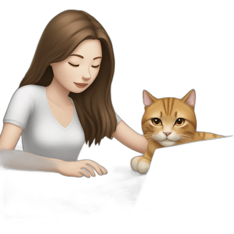 woman with pale skin and brown long straight hair working on laptop and a large cat sleeping on the laptop emoji