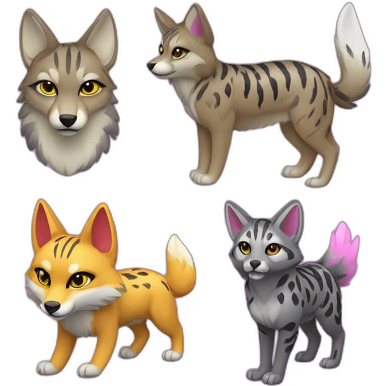 Coyote with grey and black fur, neon lights, ocelot with pink ears, clouded leopard, ocelot coyote hybrid with Phoenix wings emoji