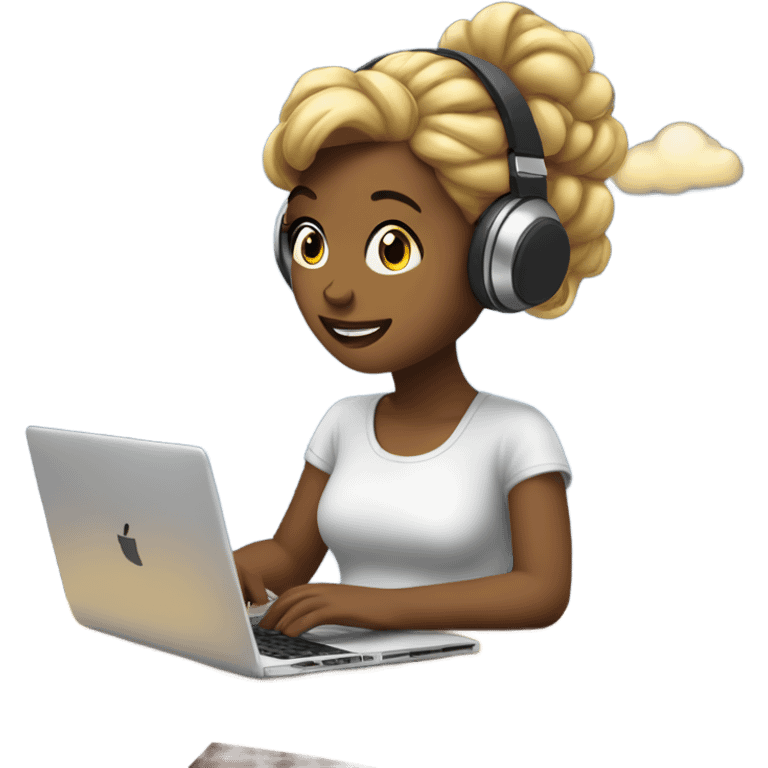 a girl with laptop with a bun hair, headphone, clouds and light bulbs in background emoji