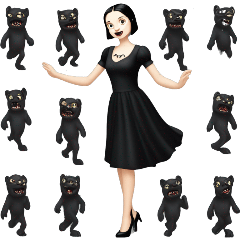 wednesday addams dancing with werewolves.she is wearing a short creepy black flowing evening gown with a plunging neckline that’s off of the shoulders that also shows her legs with expensive black shiny velvet high heel shoes. emoji