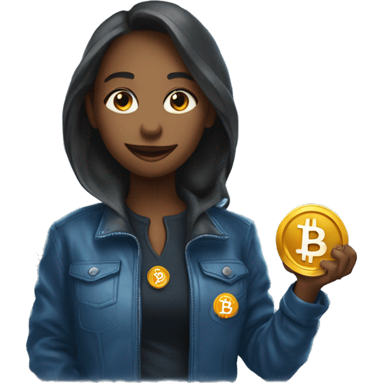 sapphire in a jacket with bitcoin in her hands emoji