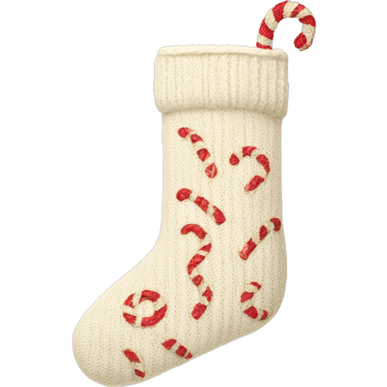 Cream colored knit stocking with candy canes inside emoji