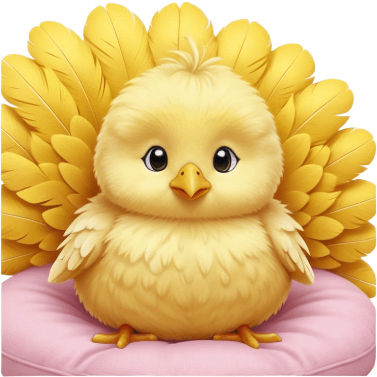 Cinematic round fluffy chick, golden yellow, tiny beak and feet, soft downy feathers, sparkling gentle eyes, sitting on a pastel-colored cushion, radiating warmth and sweetness. emoji