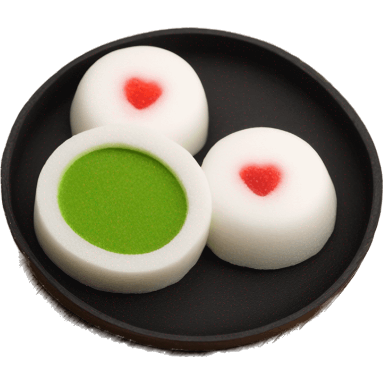 round shape mochi with white skin and matcha with strawberry inside. Cut in half so the inside can be seen emoji