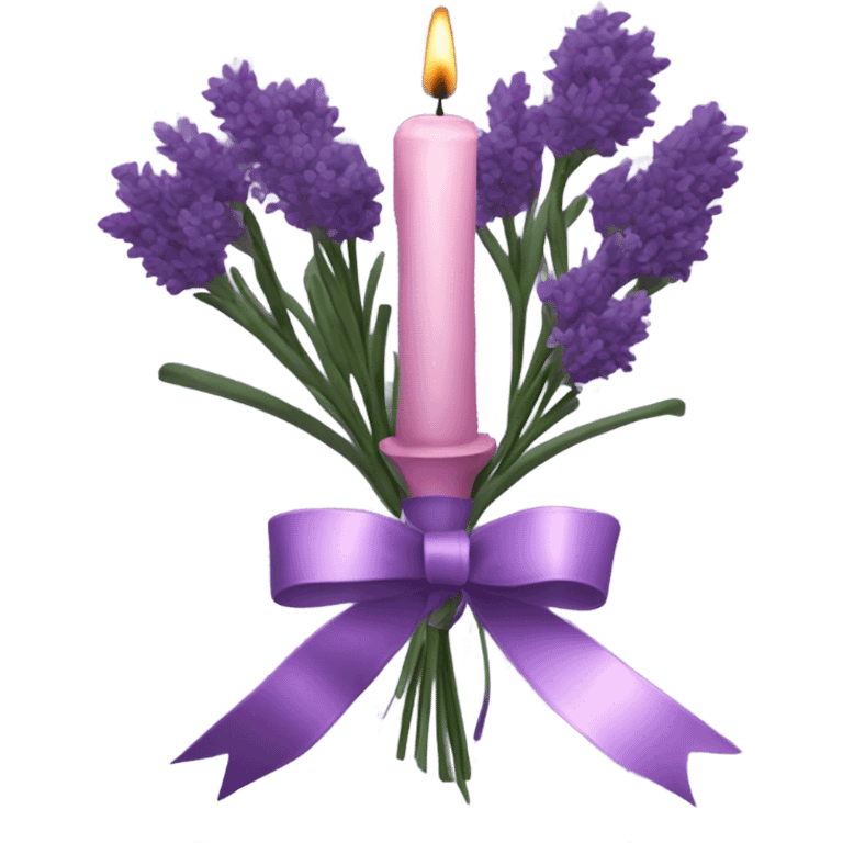 a beautiful aesthetic bouquet of dark purple and light pink lavender tied with a silk purple ribbon and next to it a pink decorative candle  emoji