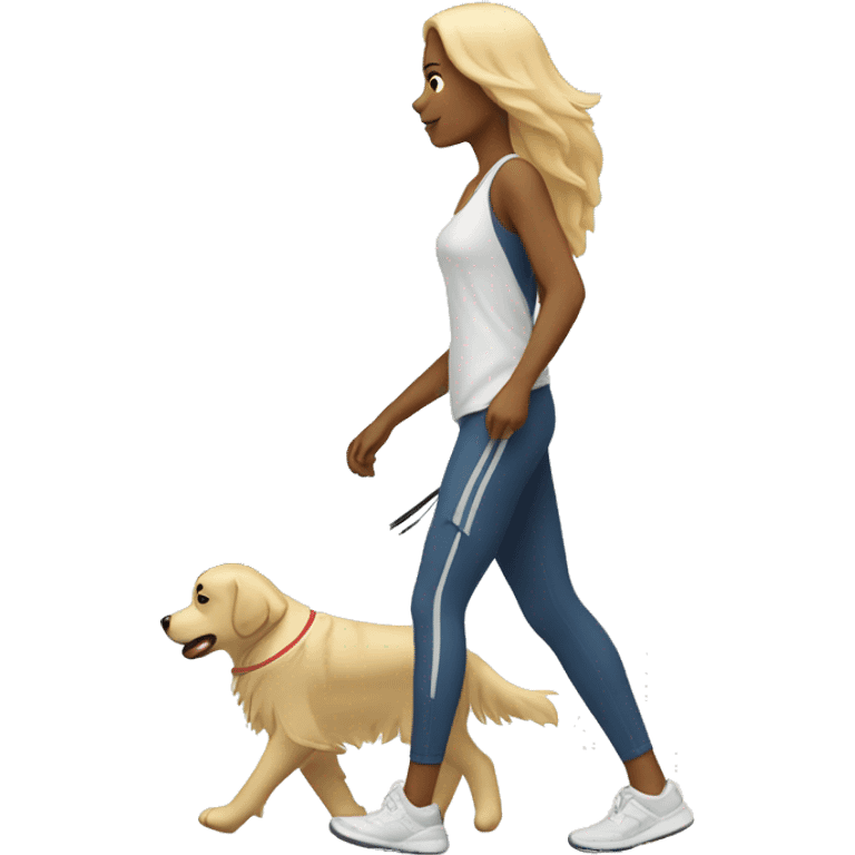 Woman wearing athleisure walking white golden retriever emoji