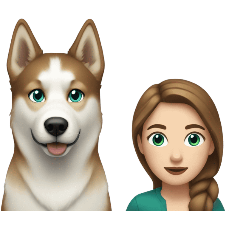 White Woman hair brown and bleus eyes and golden Husky With green eyes emoji