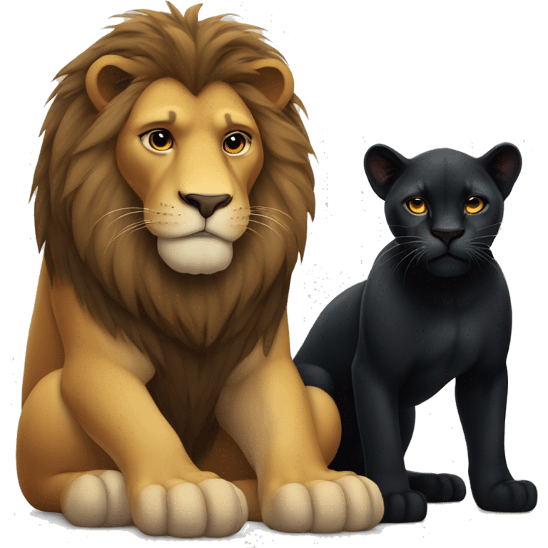 Big serious lion sitting next to a small young black panther emoji