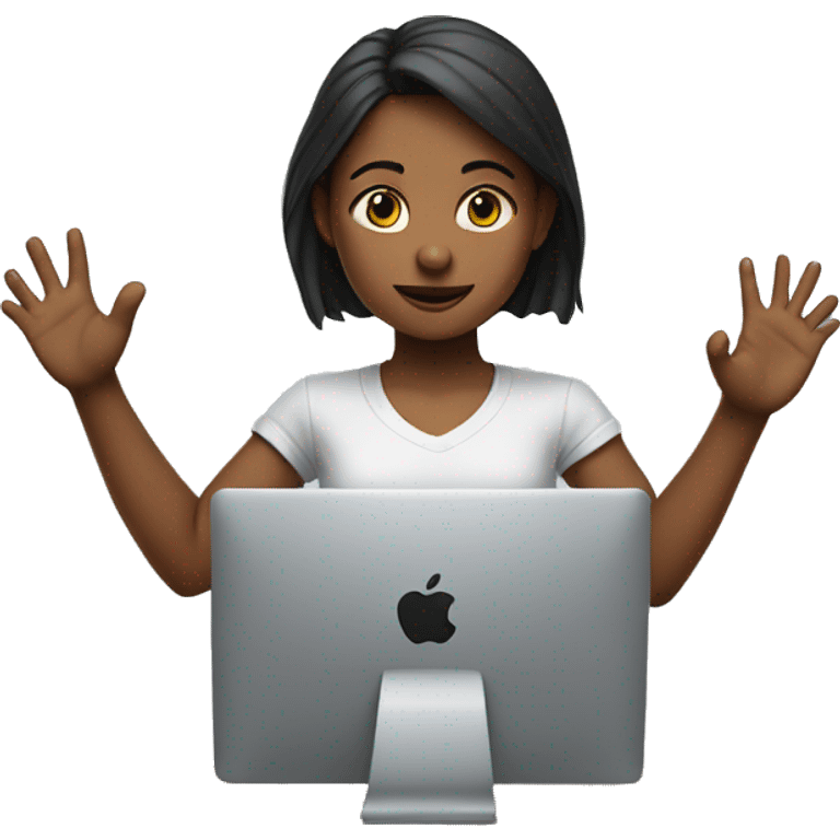 Girl sitting in front of the apple computer and raising right hand  emoji