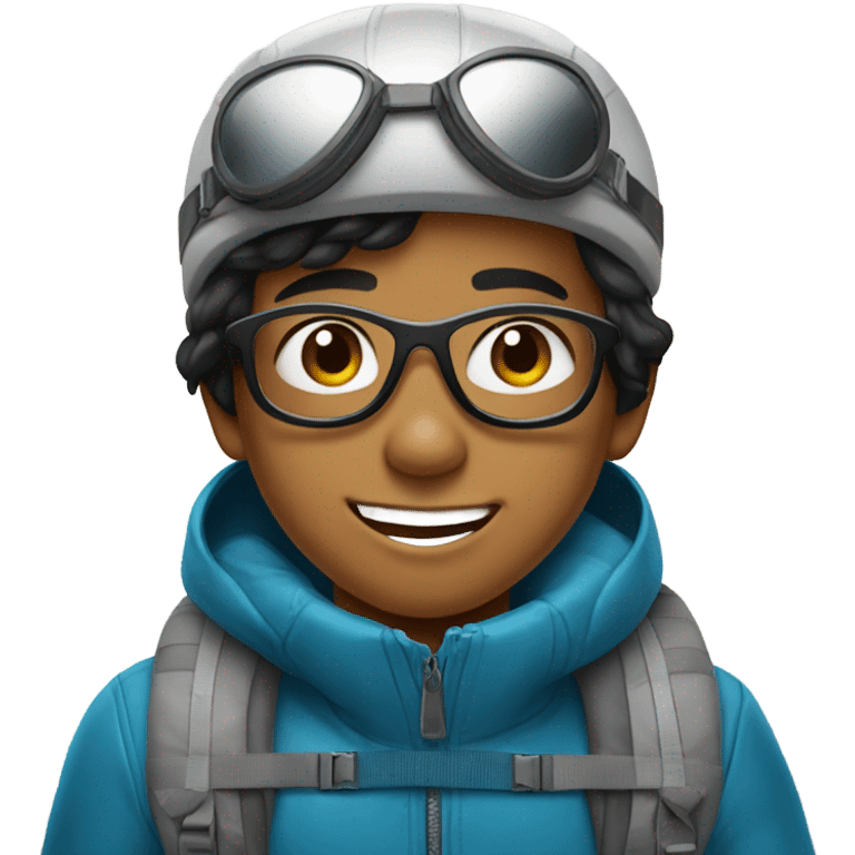 black hair smiling filipino boy with aviator glasses with skiing gear emoji