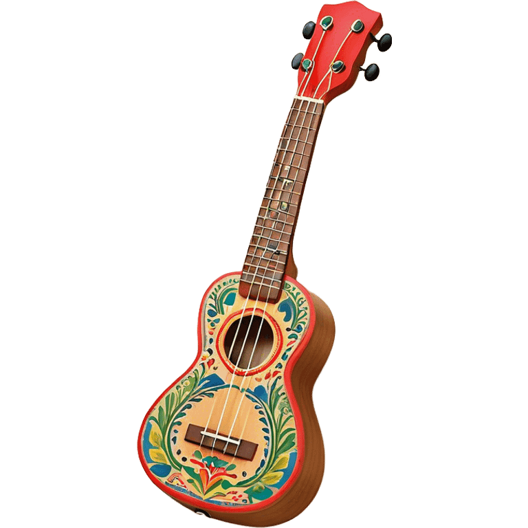 Create a vibrant and artistic emoji representing a ukulele with a Mexican design. The ukulele should feature a bright, colorful body with traditional Mexican patterns, such as geometric shapes, floral motifs, or colorful stripes. Use rich, warm tones like red, yellow, green, and blue to give the instrument a lively, festive look. Highlight the wood grain of the ukulele’s neck and fingerboard, and add subtle details like decorative inlays or a small Mexican flag symbol on the body. The strings should be clearly visible, and the instrument should be in a slightly angled position to showcase its unique design. The background should be transparent. emoji