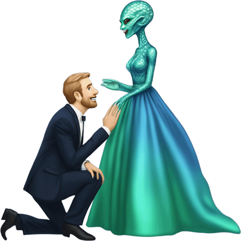 alien reptilian green skin woman, in long slim pastel blue formal party satin dress with gradient shiny sparkling navy blue diamonds embroidered , and caucasian man in black dres on his knees asks her to marry her emoji