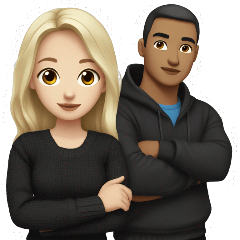 dark Blonde girl with blue eyes in black sweater and an east asian with light skin man with black hair and black eyes hugging emoji