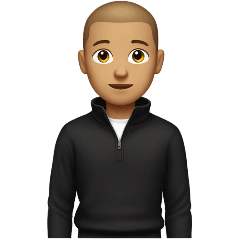 boy with very light brown skin, buzz cut, no facial hair, wearing a smart black quarter zip jumper with white t shirt underneath. emoji