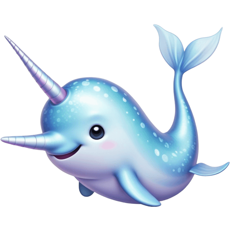 Cinematic Cute Cute Narwhal Portrait Emoji, Head tilted playfully and inquisitively, featuring a charming, sleek body with softly iridescent skin, a prominently spiraled tusk and large, twinkling eyes full of gentle wonder, Simplified yet irresistibly adorable features, highly detailed, glowing with a warm, inviting ocean glow, high shine, affectionate and lively, stylized with a touch of magical sea whimsy, soft glowing outline, capturing the essence of a mischievous yet endearing cute narwhal that seems as if it could frolic out of the screen into your heart! emoji