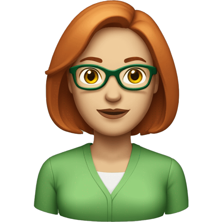 Middle age Caucasian woman with layered straight shoulder-length highlighted red hair and green glasses emoji