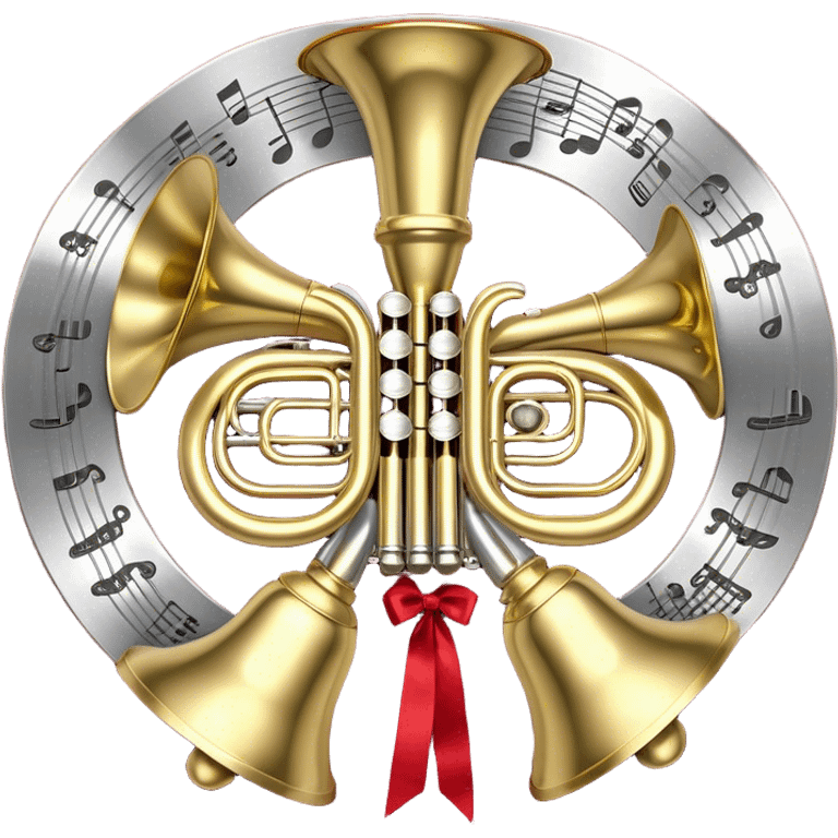 Create a festive and elegant emoji collage featuring a bouquet or fan of brass instrument bells (trumpets, saxophones, trombones, etc.) arranged in a radiant, symmetrical pattern. The instruments should have polished, golden and silver finishes, with their large, shiny bells forming a beautiful, fan-like display. Include a flowing ribbon of musical notes swirling through the center, conveying movement and melody. The background should feature a deep red velvet texture, adding a touch of luxury and sophistication. The overall composition should be balanced, with an elegant and regal feel, with a transparent background to keep focus on the instruments and musical elements. emoji