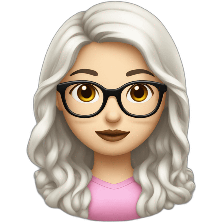 girl programmer with black long wavy hair and white skin and pink lipsand big eyes and Iranian face with rounded glasses emoji