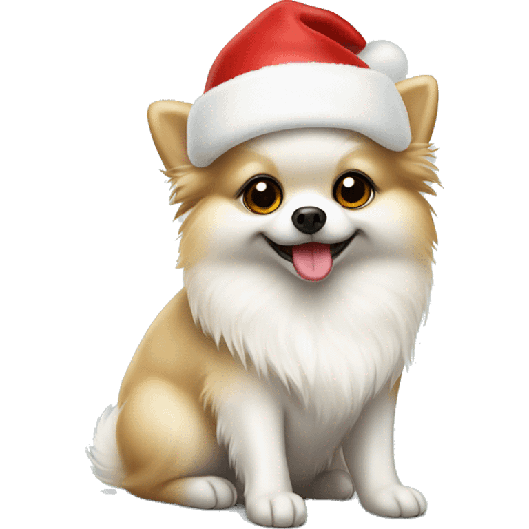 White dog Pomeranian spitzh wearing Christmas hat and sitting  emoji