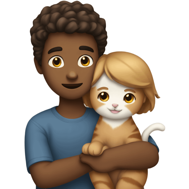 White girl and brown boy hugging their cat emoji