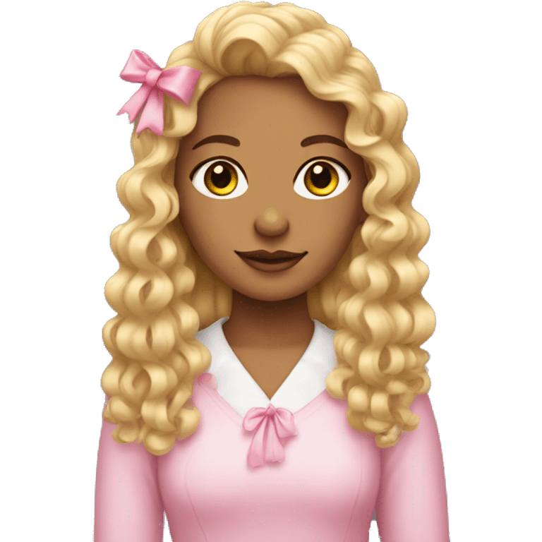 Blonde girl with long ringlets, bangs and pink bows in her hair  emoji