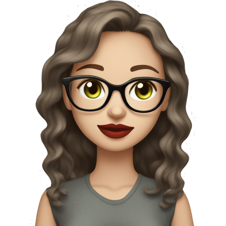 23 years old girl
long a bit wavy brown hair
light skin
red lipstick
glasses with thin frame
grey/green eyes
long eyelashes and cat eyes
black silk shirt  emoji