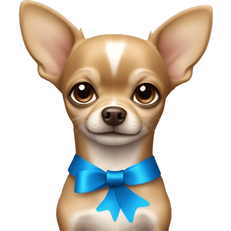 A grey brown chihuahua with little light brown eyes and a blue ribbon  emoji