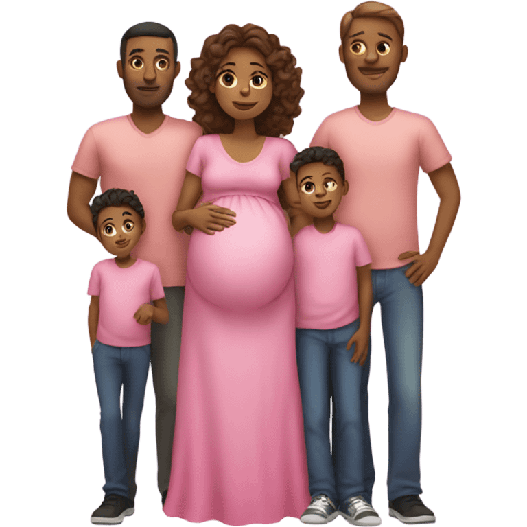 family with pregnant mom with a pink dress and 2 boys and dad emoji