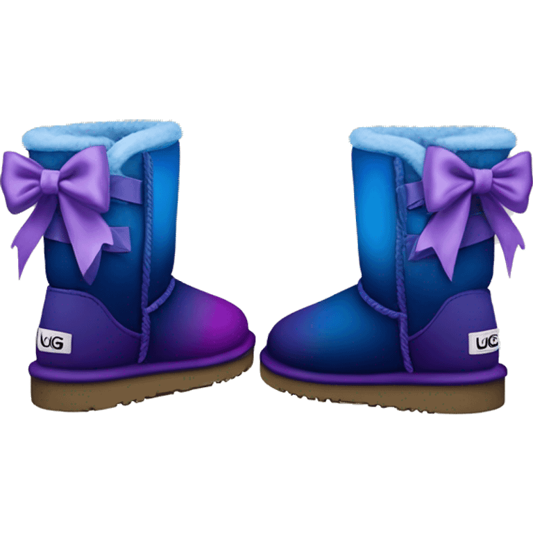 Realistic pair of dark blue to dark purple ombre fur Ugg boots with silk ribbon bows. emoji