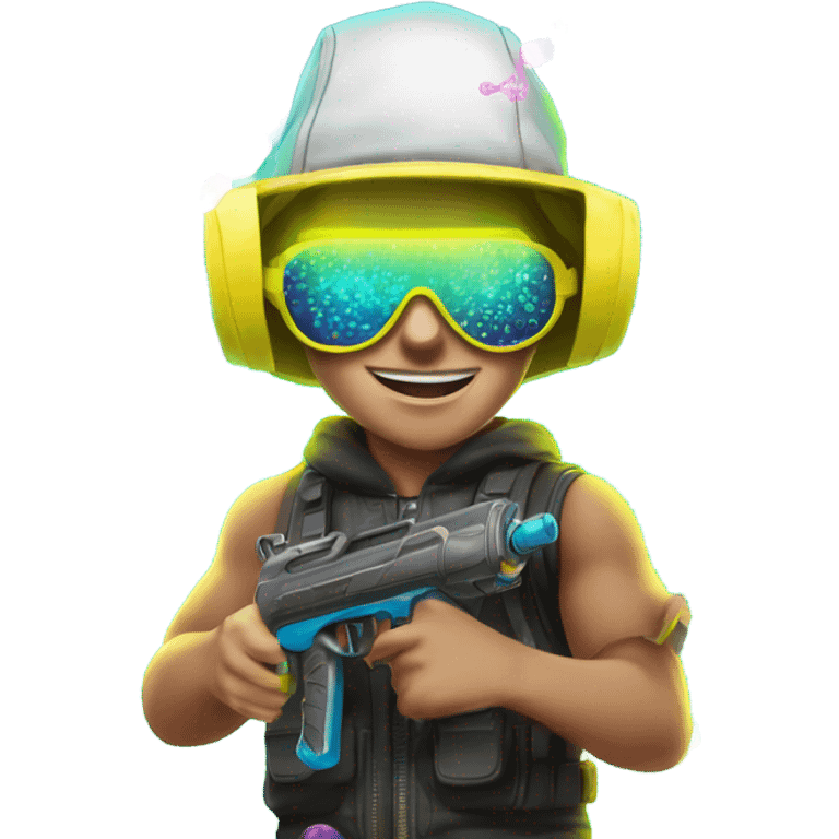 Caucasian boy in glowing rave outfit with mask, sunglasses, and headgear, firing hundreds of bubbles out of a water gun emoji