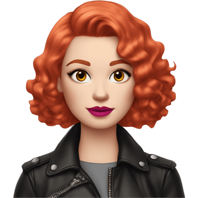 Woman with very pale skin, bright red curly short bob hair that is parted on the side, heavy cat-eye makeup, long eyelashes, bright pink blush and bright pink lipstick.  Her eyebrows are dark, arched and very high.  Hazel eyes. Wearing a leather jacket  emoji