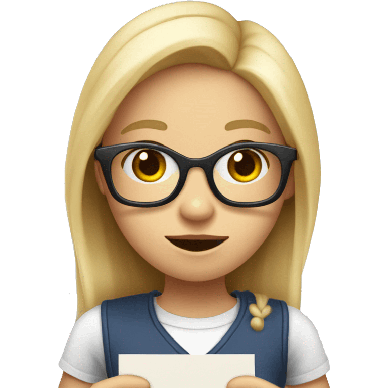 A blond girl with long hair and with glasses holding a heart enveloppe in her hand and pulling out a letter that says ‘im sorry tony’ emoji