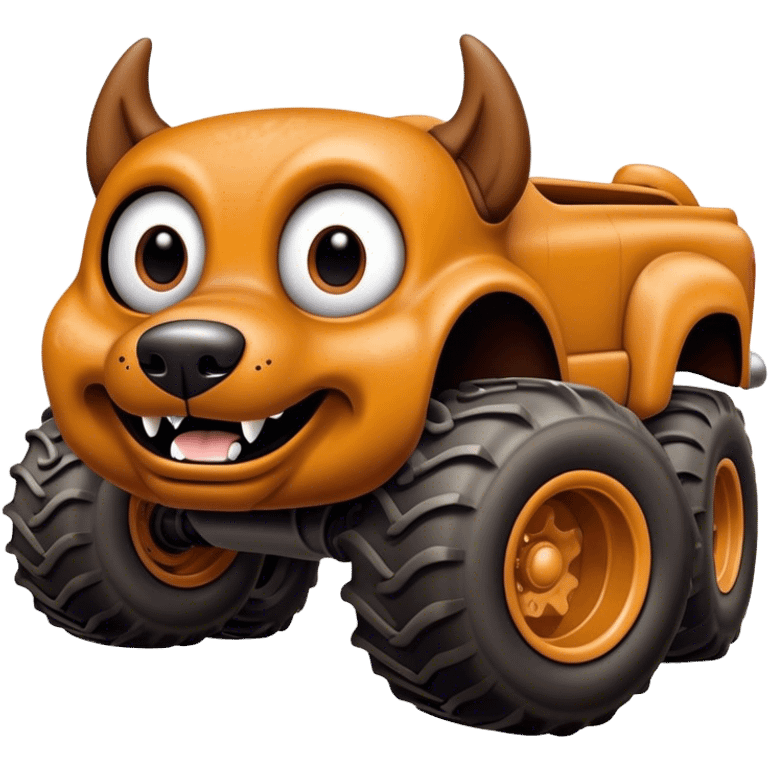 Monster Mutt - Monster Jam (Model Year: 2021) (Iconic colour: Brown with dog features) - A unique monster truck with playful, dog-inspired design cues. The vehicle is painted in warm brown tones and features subtle dog motifs (such as a stylized snout or ear shapes). It should blend the rugged power of a monster truck with quirky, endearing canine features. emoji