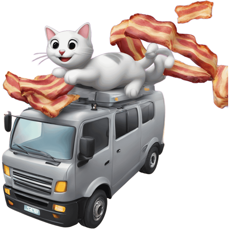 cat flying whilst eating bacon and smiling on top of a rainbow whilst repairing a car engine within a crane  emoji