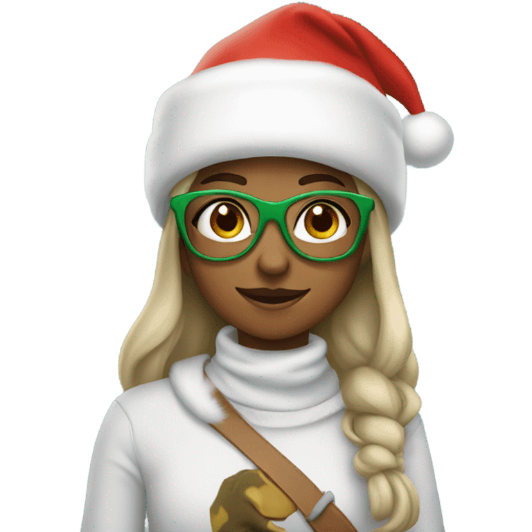 Girl with dinosaur glasses and Santa hat on emoji