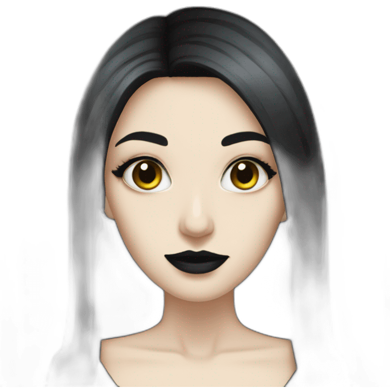 pale woman with long dark hair and gothic makeup wearing open black dress emoji