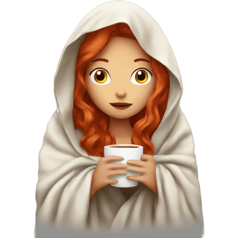 girl inside a blanket sipping coffee eyes closed with red hair emoji