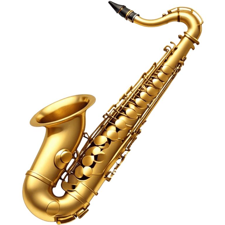 Create a sleek and sophisticated emoji representing a saxophone. The design should feature the shiny, golden body of the saxophone, with its smooth curves and metal keys clearly visible. Include subtle details like the mouthpiece with the reed and the bell at the end of the instrument. The keys should be delicately arranged, capturing the intricacy of the instrument. Use warm golden tones for the saxophone and add small musical notes floating around to evoke the smooth, soulful sound of the saxophone. The background should be transparent. emoji