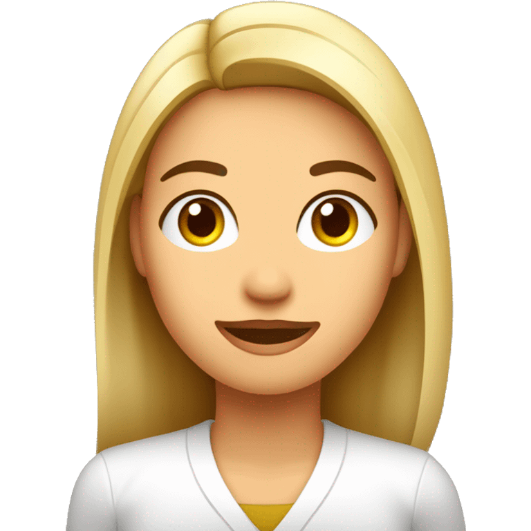 Mujer blanca, farmaceutica, sin lentes, pelo lacio brunete, gabacha con logo de girasol emoji