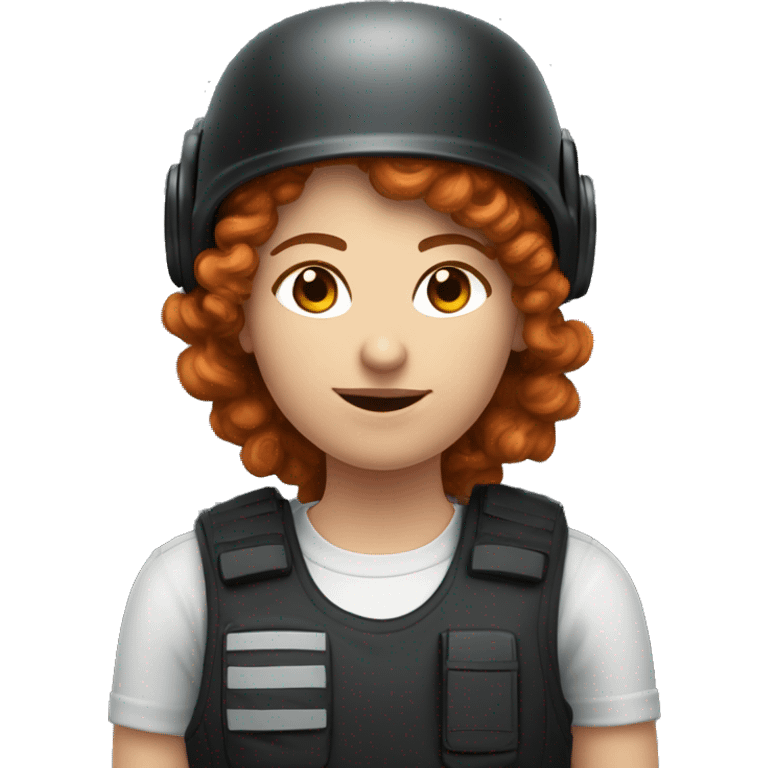 operator dressed in black with a milatary helmet, without glasses, wearing a headset, ready to respond to alerts, preferably curly redhead female  emoji