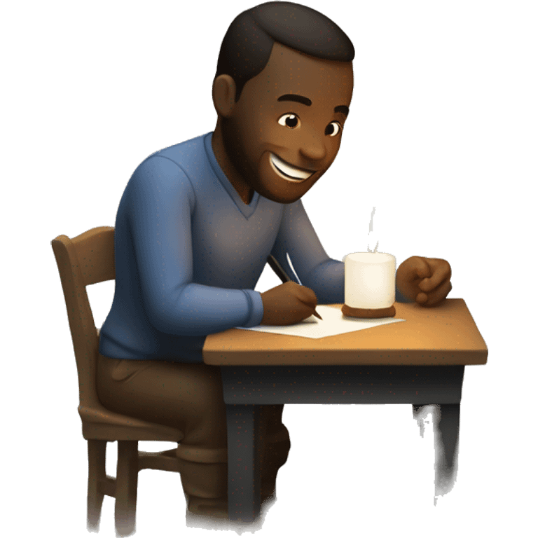 a white man writing a letter and being happy. with a candle in the darkness. emoji